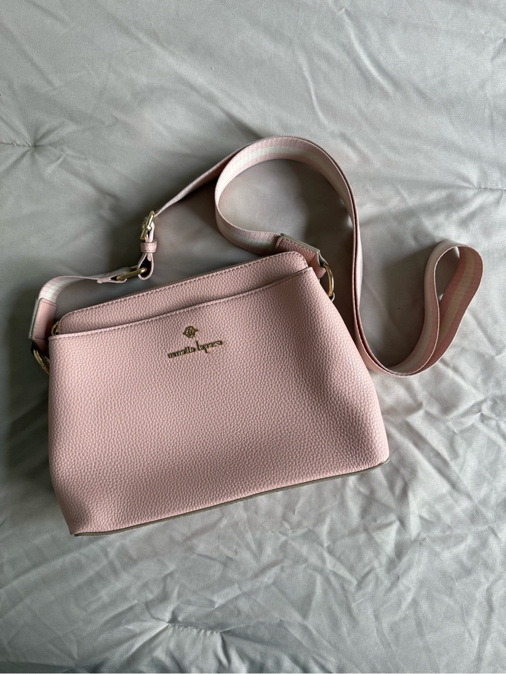 Nanette Lepore Blush Pink Pebbled Leather Crossbody with Striped Strap